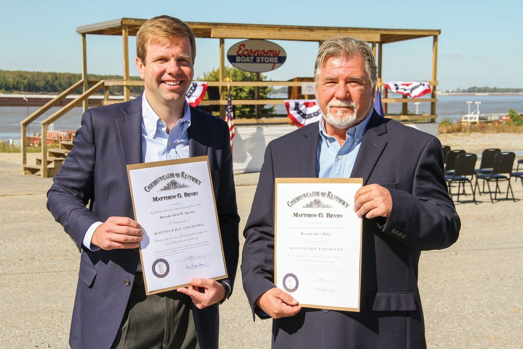 David Reynolds (left) and Barry Kelley show off their honorary Kentucky Colonel titles. (Photo by Nelson Spencer Jr.)