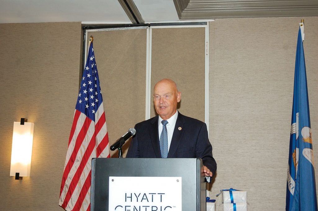U.S. Navy Rear Adm. (Ret.) Mark Buzby, maritime administrator, discussed the importance of proper management of the National Defense Reserve Fleet. (Photo by Nancy Simms)