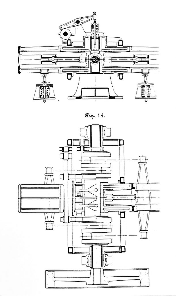 Line drawings of the Petit Pierre’s single-cylinder opposed-piston diesel engine.