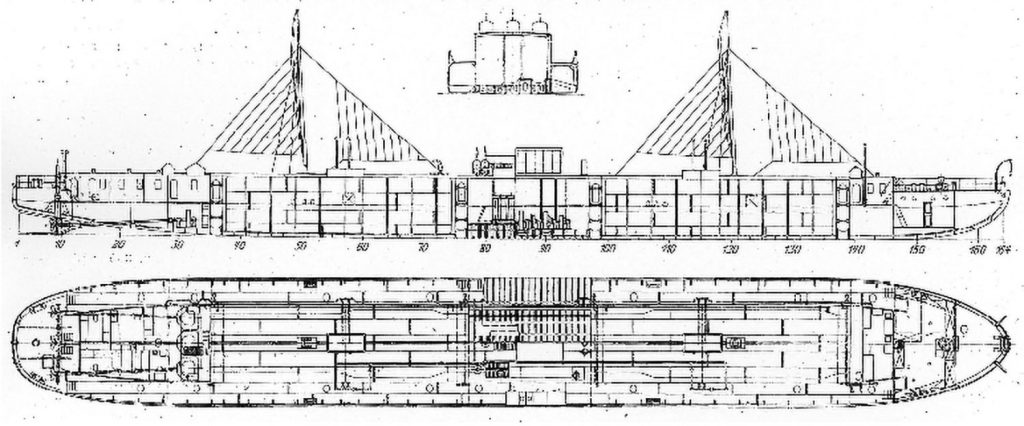 Line drawings of Vandal showing the diesel engines mounted midships, remote from the electric-driven propeller shafts.