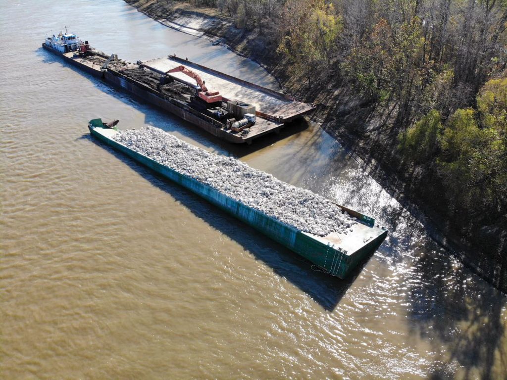 Drones allow for views from the water that might be otherwise difficult to record, such as of this damaged rock barge at Mile 37 of the Atchafalya River. (Photo by Hunter Svetanics, Courtesy of Johnson Marine Services)