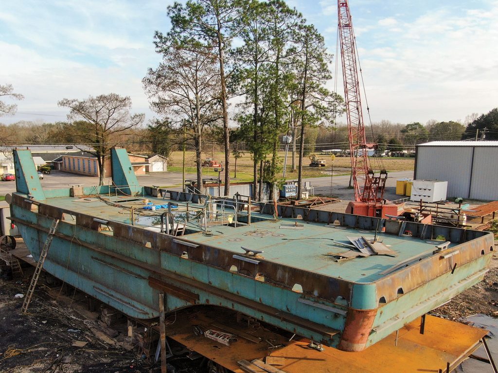 Johnson Marine Services used a drone to capture this photo of a tow boat under construction at Verret Shipyard. (Photo by Hunter Svetanics, Courtesy of Johnson Marine Services)