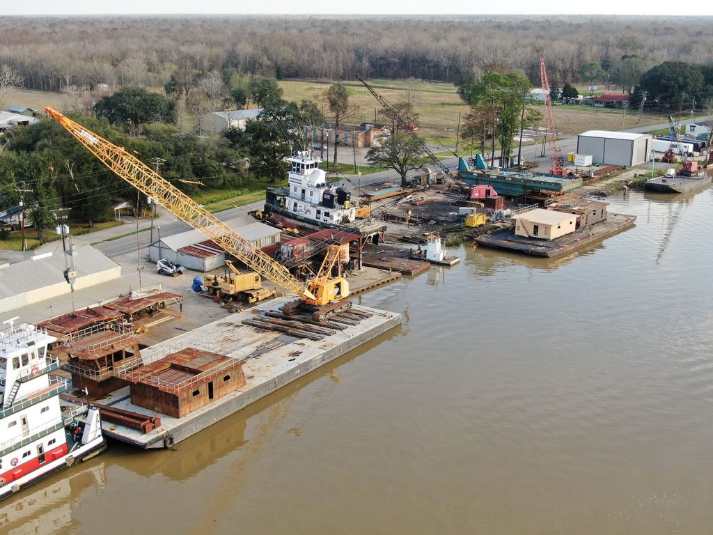 A drone provided this aerial view of Verret Shipyard in Plaquemine, La. (Photo by Hunter Svetanics, Courtesy of Johnson Marine Services)