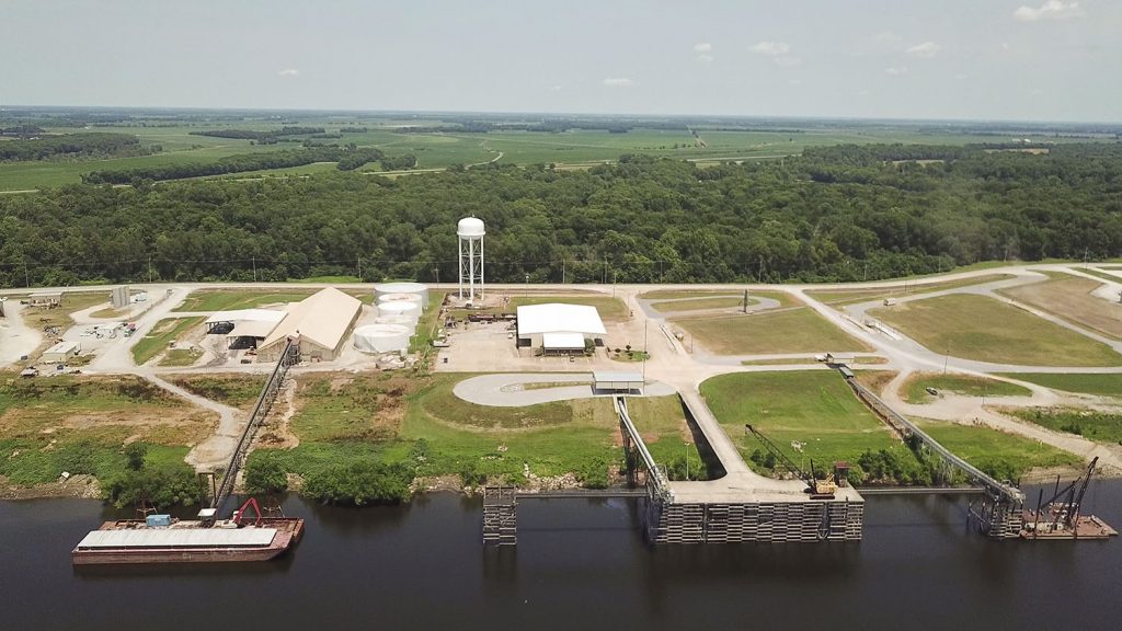 The Port of Rosedale is home to eight tenants, including the Sanders Inc. fertilizer facility at left. At right is the public terminal and port commission office.