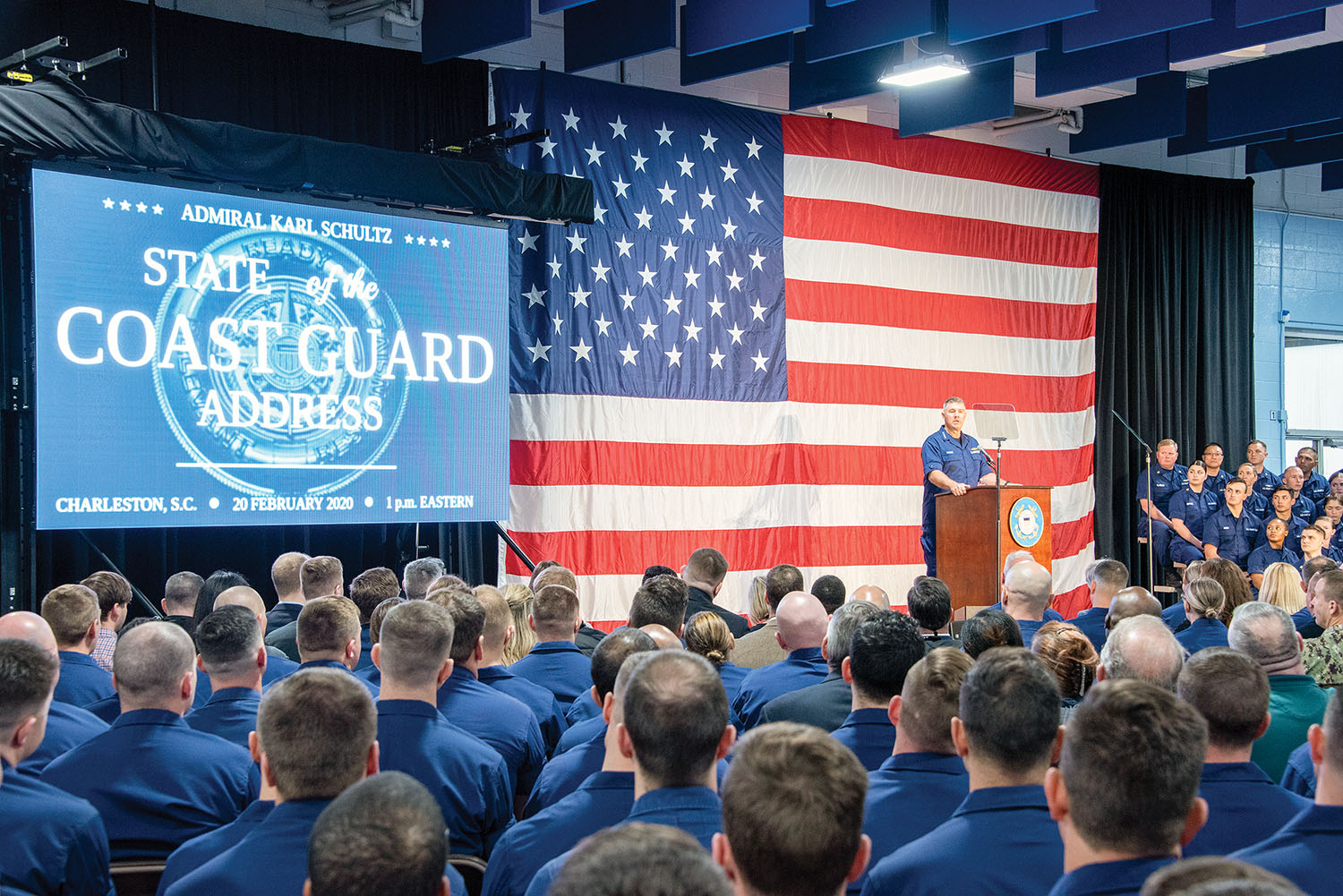 Coast Guard Commandant Adm. Karl Schultz delivers the 2020 State of the Coast Guard Address in Charleston, S.C., February 20. During the annual address, Schultz reflected on the organization’s successes over the past year, detailed the Fiscal Year 2021 President’s Budget Request and outlined the shared vision for the future of the Coast Guard. (U.S. Coast Guard photo by Petty Officer 2nd Class Ryan Dickinson)