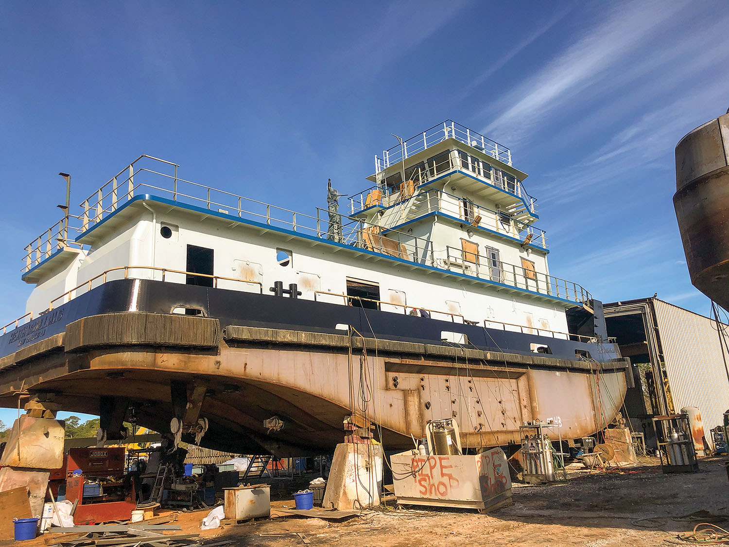 Towboat nearing completion at Steiner Shipyard in Bayou La Batre, Ala.