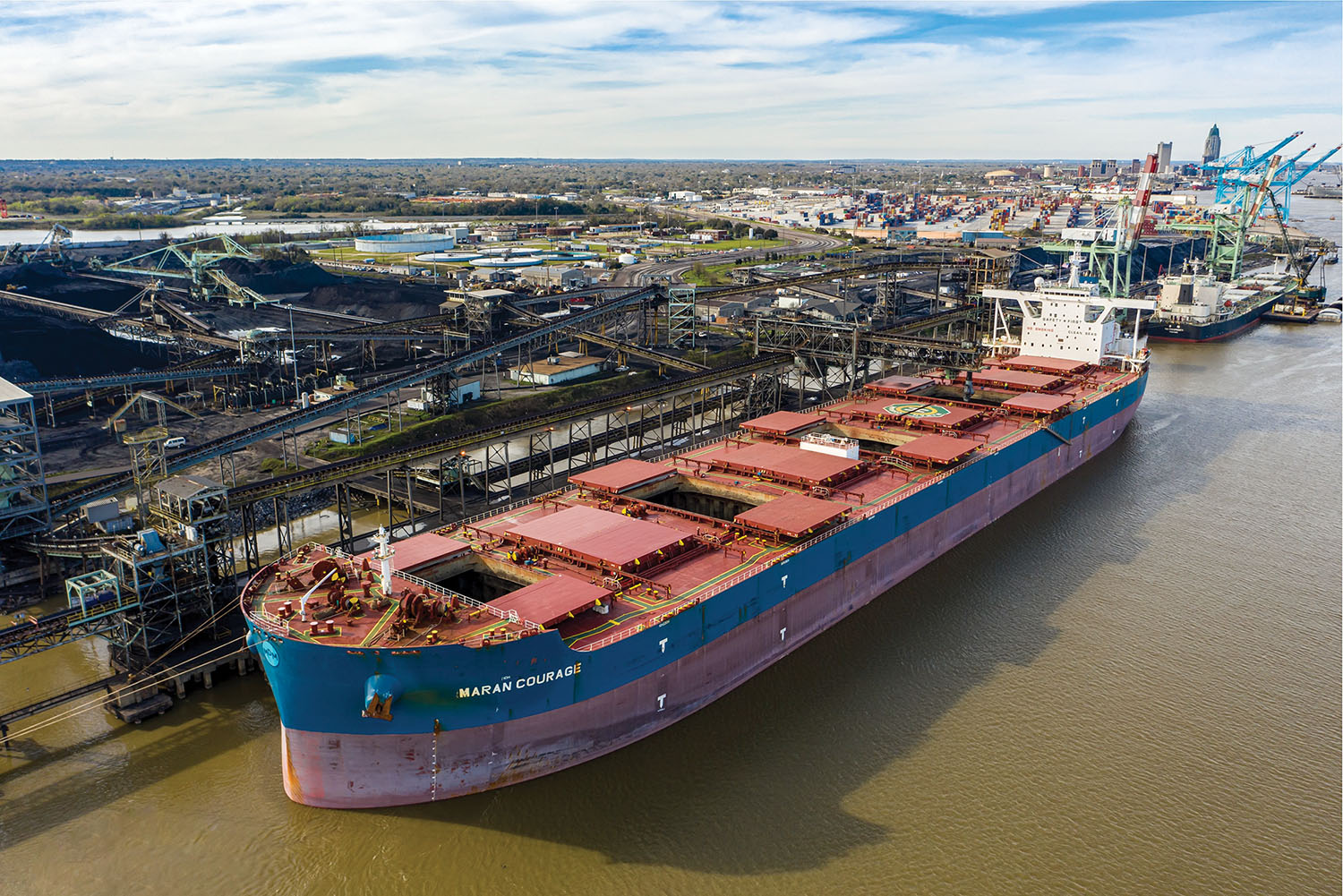 The bulk carrier Maran Courage was loaded with 133,000 short tons of coal at the McDuffie Coal Terminal.