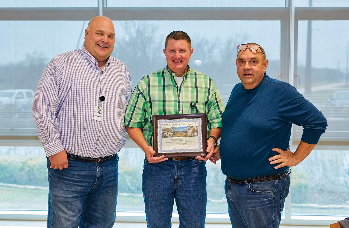 From left, Eric Gilmore from the Red River Waterway Commission, Nucor Corporation’s Jeff Jeffcoat and Ted Knight, director of Operations for Port of Caddo-Bossier, gather for a photo at the luncheon celebrating the 100th barge loaded with steel coils from Nucor handled at the port. (Photo courtesy of Port of Caddo-Bossier)