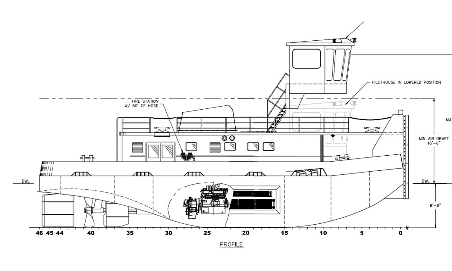 New 1,600 hp. retractable-pilothouse towboat under construction at McGinnis Inc.’s Sheridan Shipyard.