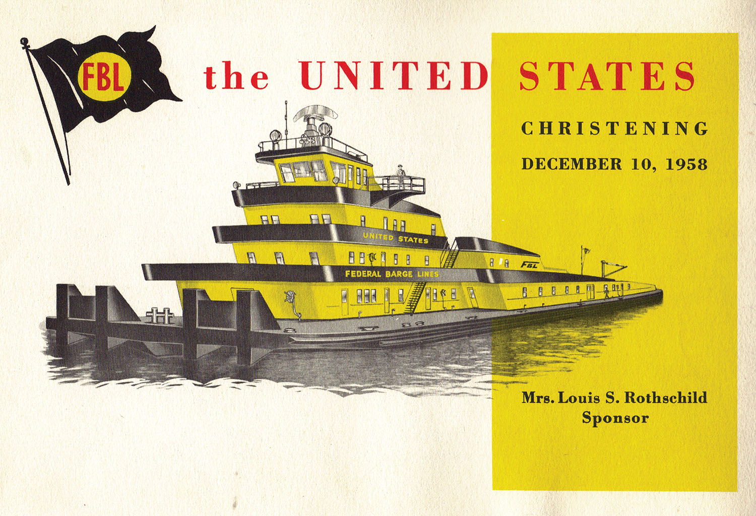 Cover of christening booklet for FBL towboat United States. (Keith Norrington collection)