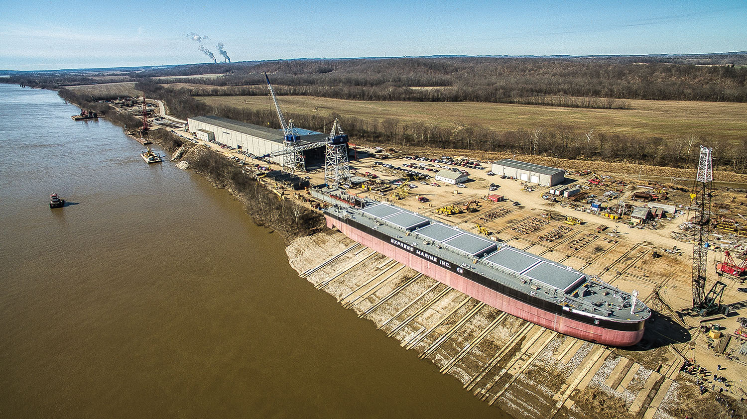 464-foot ATB Bulk Cargo Barge for Express Marine Inc. on the launchway at Corn Island Shipyard. (Photo courtesy of Corn Island Shipyard)