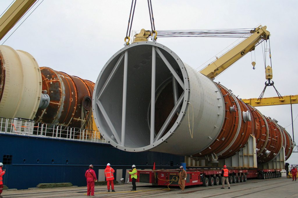 Crews at the Port of Port Arthur offload tower segments bound for a refinery in the area. (Photo courtesy of Port of Port Arthur)