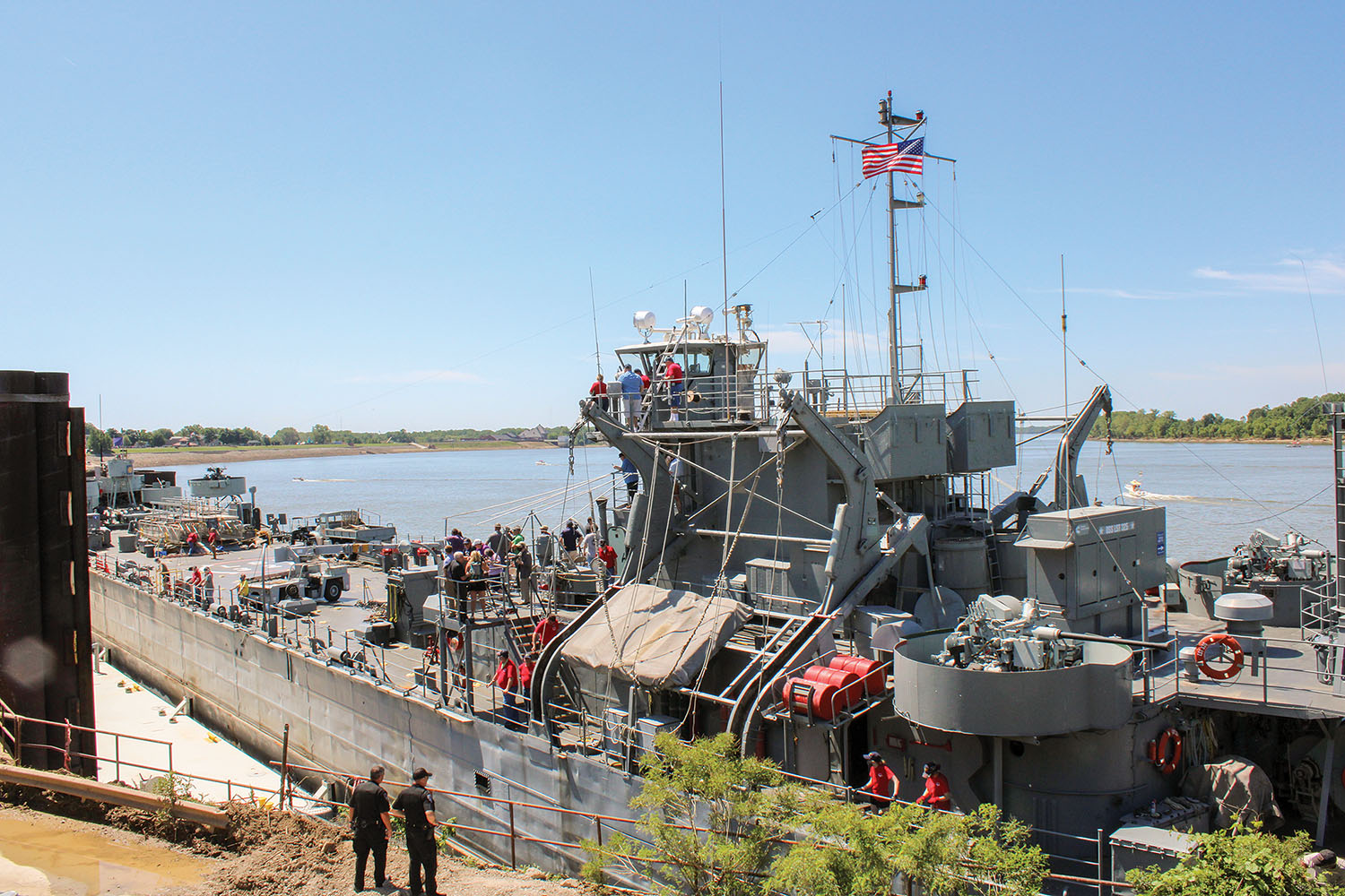 LST-325 docks for the first time along the downtown Evansville riverfront. (Photo by Shelley Byrne)