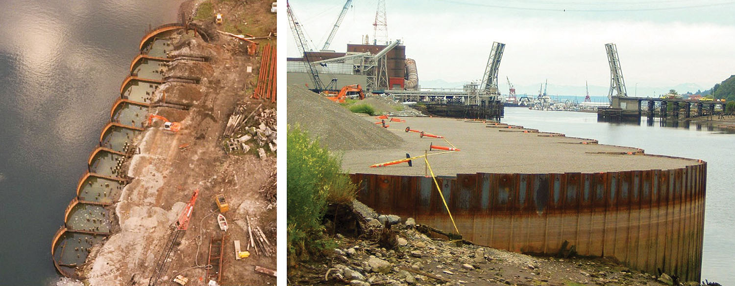 At left, a former pulp mill purchased by a pile-driving contractor in Tacoma, Wash., is in its original condition but with the Open Cell Sheet Pile System installed around it. The brownfield site was leaching contaminants and included treated piles and a submerged, treated timber bulkhead. At right, the same site after PND Engineers used the OCSP system to encapsulate the debris and control the leaching materials.  The OCSP bulkhead included a new berth developed for the contractor’s floating equipment. (Photo courtesy of PND Engineers Inc.)