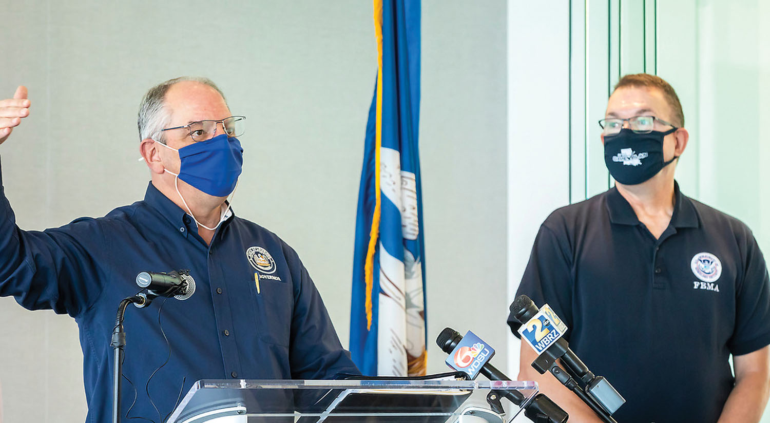 Gov. John Bel Edwards and FEMA Administrator Pete Gaynor speak at a news conference July 13 announcing a smart port initiative between the Water Institute of the Gulf, Louisiana Economic Development and the Port of New Orleans. (Photo courtesy of the Water Institute of the Gulf)