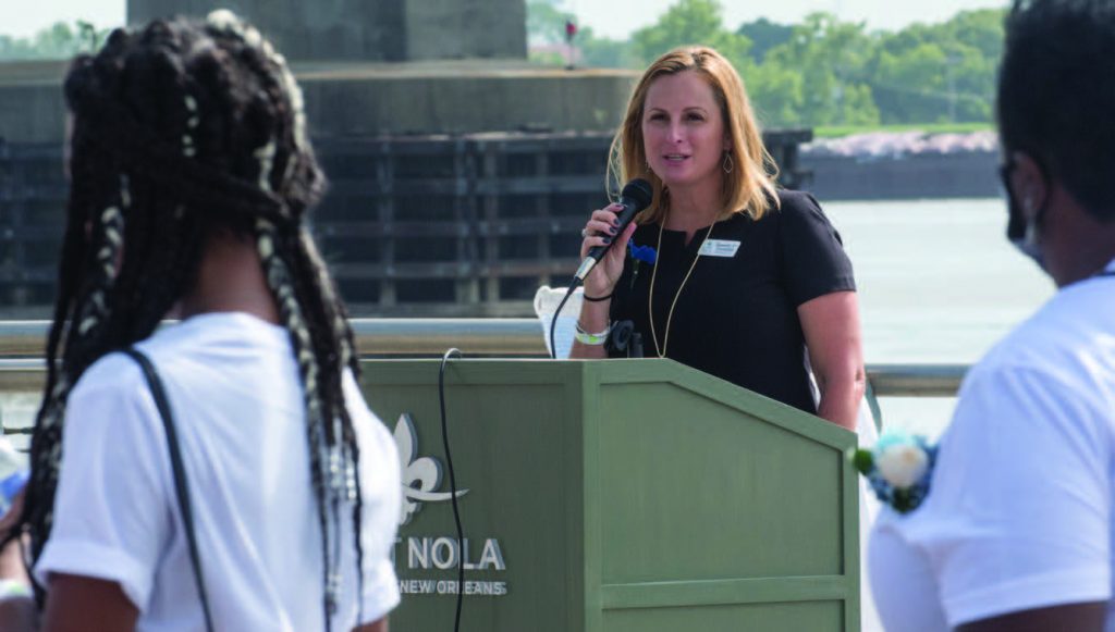 —Photo courtesy of the Port of New Orleans Port of New Orleans President and CEO Brandy Christian speaks at a memorial service held June 30 at the port to honor family members, friends and colleagues from the maritime industry who had died due to COVID-19.