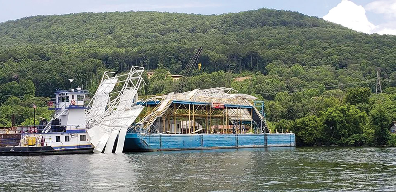 Collapsed canopy of Riverbend stage after it struck the I-24 bridge. (Photo by Keith McLean)