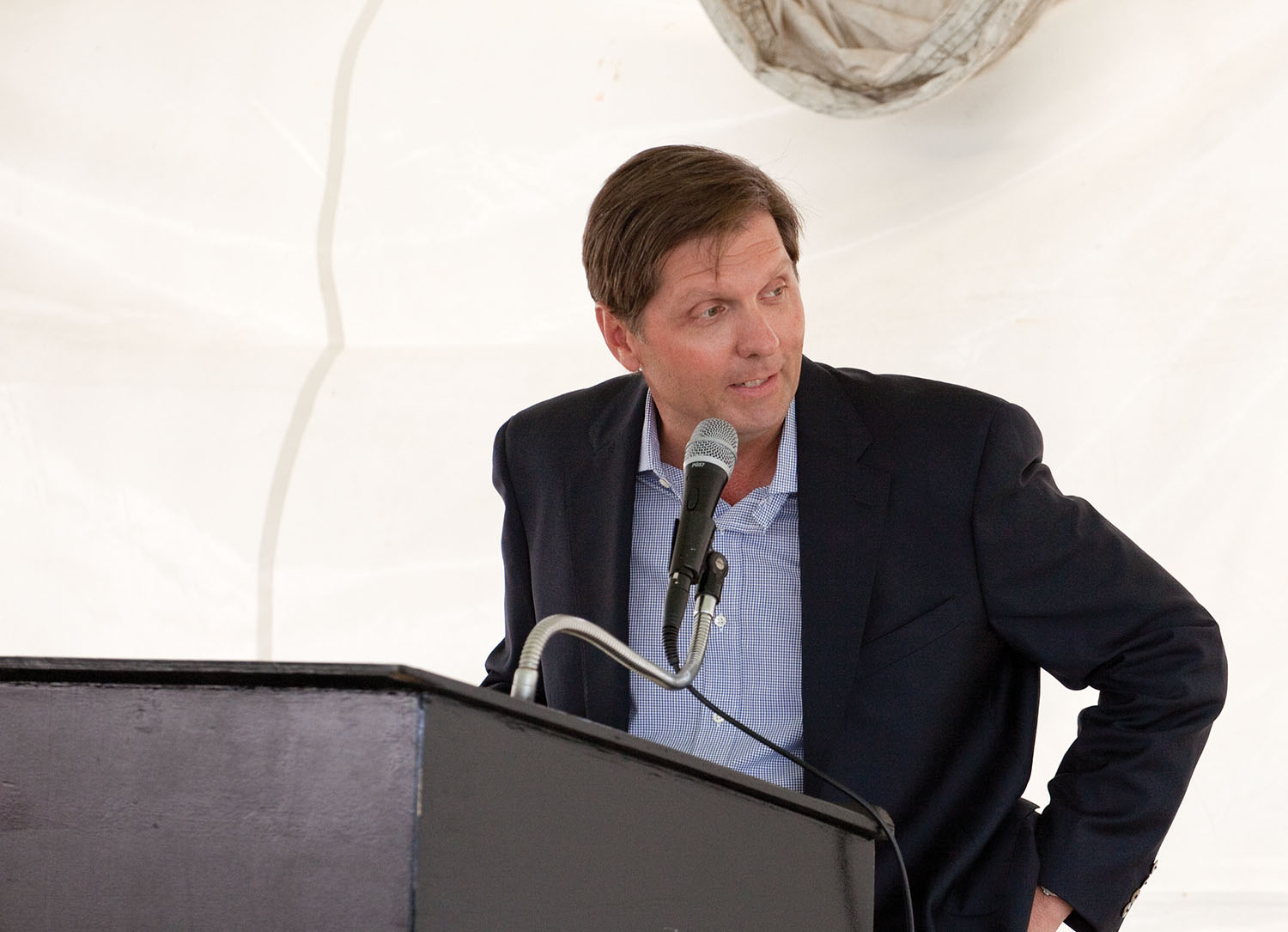 Mike Ellis speaks at a 2013 Settoon Towing christening. ACBL named Ellis as its new CEO August 6. (Photo by Frank McCormack)