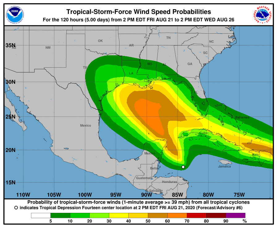 NOAA map showing tropical-storm-force wind probabilities for the Gulf of Mexico through August 25.