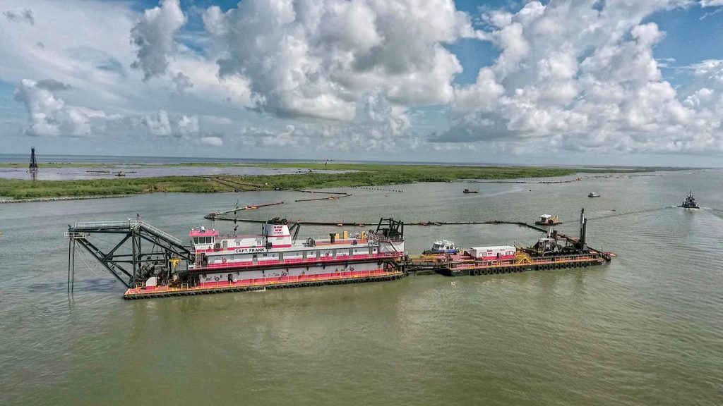 The Weeks Marine cutterhead dredge Capt. Frank works near Southwest Pass near the mouth of the Mississippi River. (Photo courtesy of Big River Coalition/P.J. Hahn)