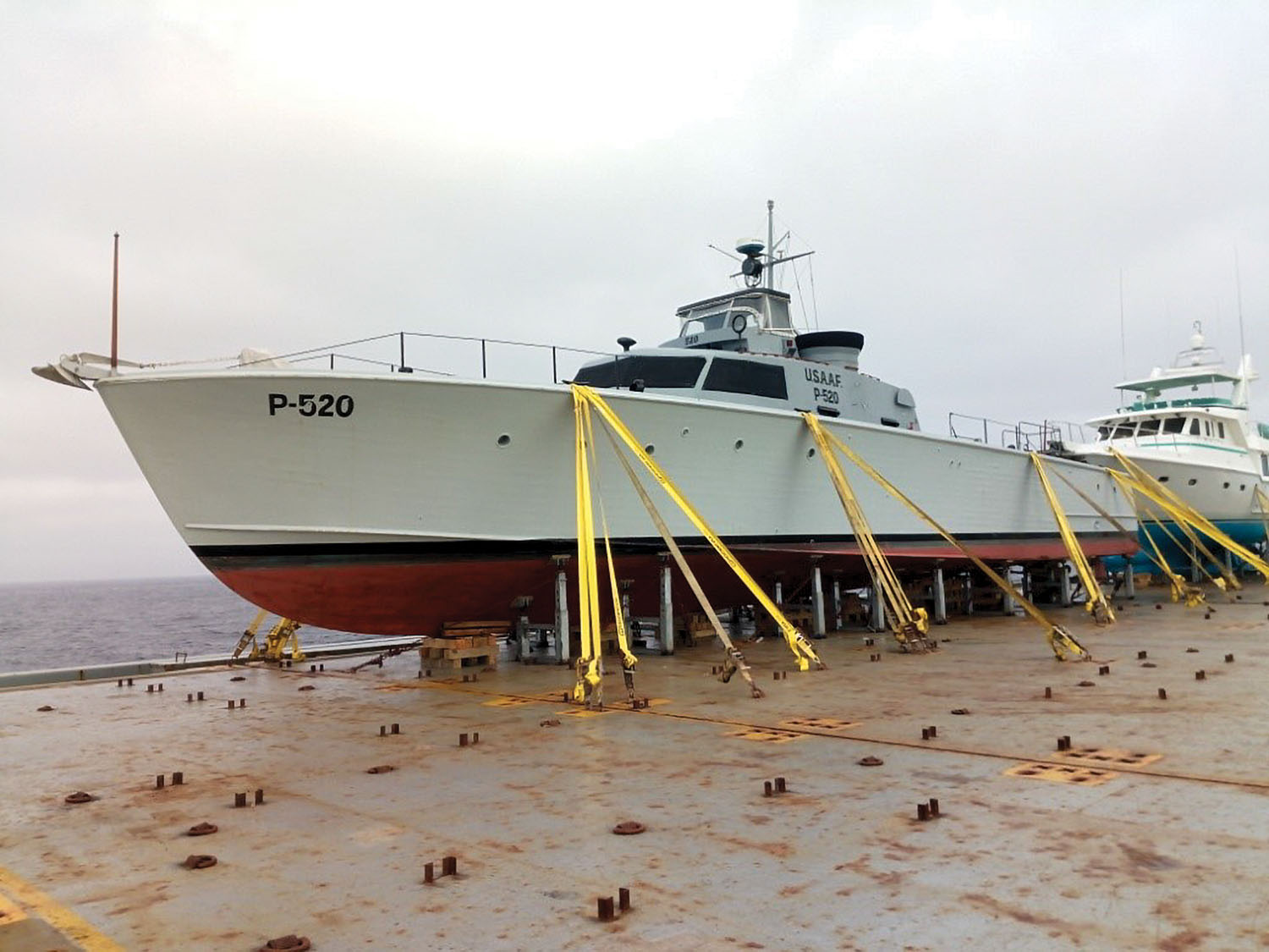 P-520, a World War II Crash Rescue Boat, is headed to the Ohio River. The boat is aboard the mv. St. Georg, a yacht carrier, for trans-shipment through the Panama Canal. (Photo courtesy of Maritime Pastoral Training Foundation)