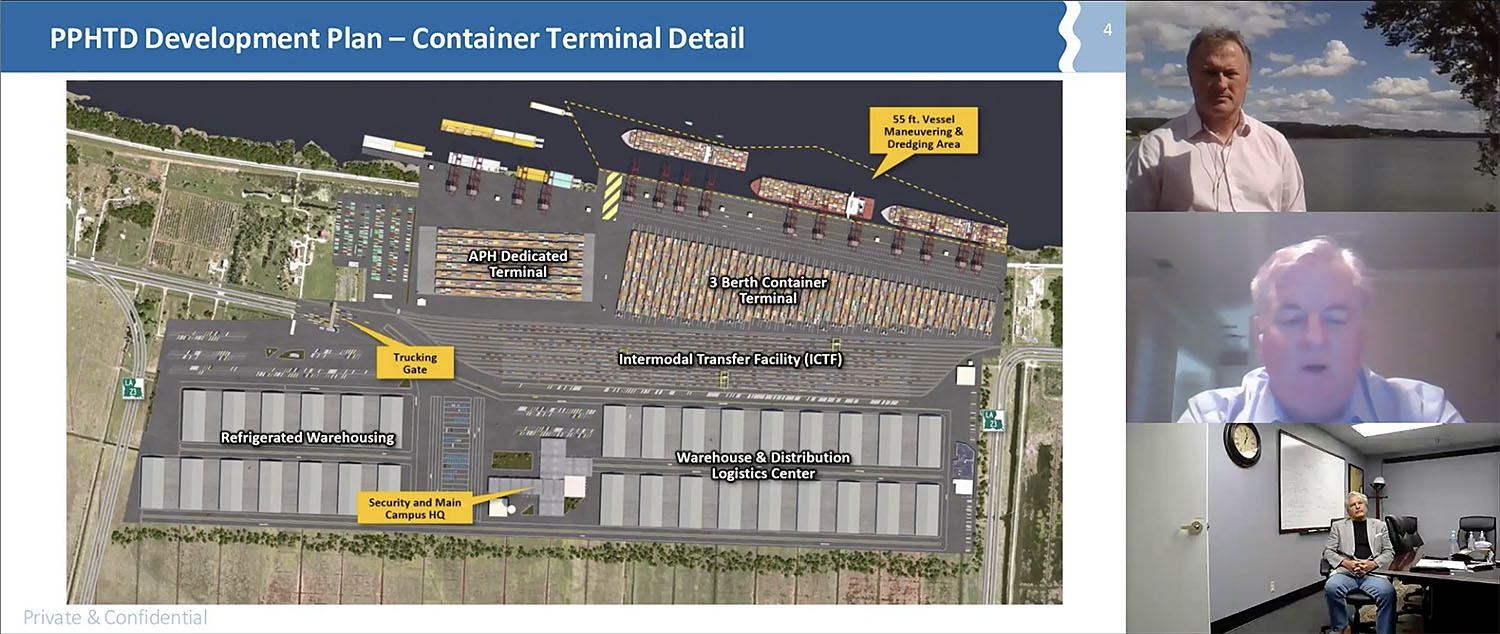 A screenshot from the Inland Marine Expo panel on the Louisiana Gateway Terminal shows the layout of the proposed terminal and panelists Ken Eriksen, Sal Litrico and Sandy Sanders.