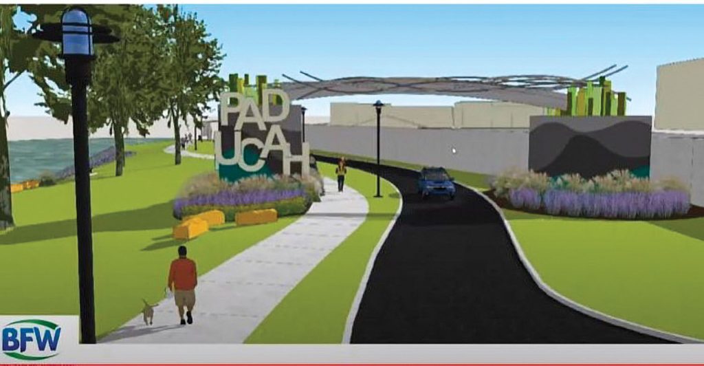 Concept art shows how remnants of concrete foundations for a conveyor belt that used to cross over the floodwall create a welcome sign for people arriving in Paducah by boat. (Photo courtesy of the City of Paducah)