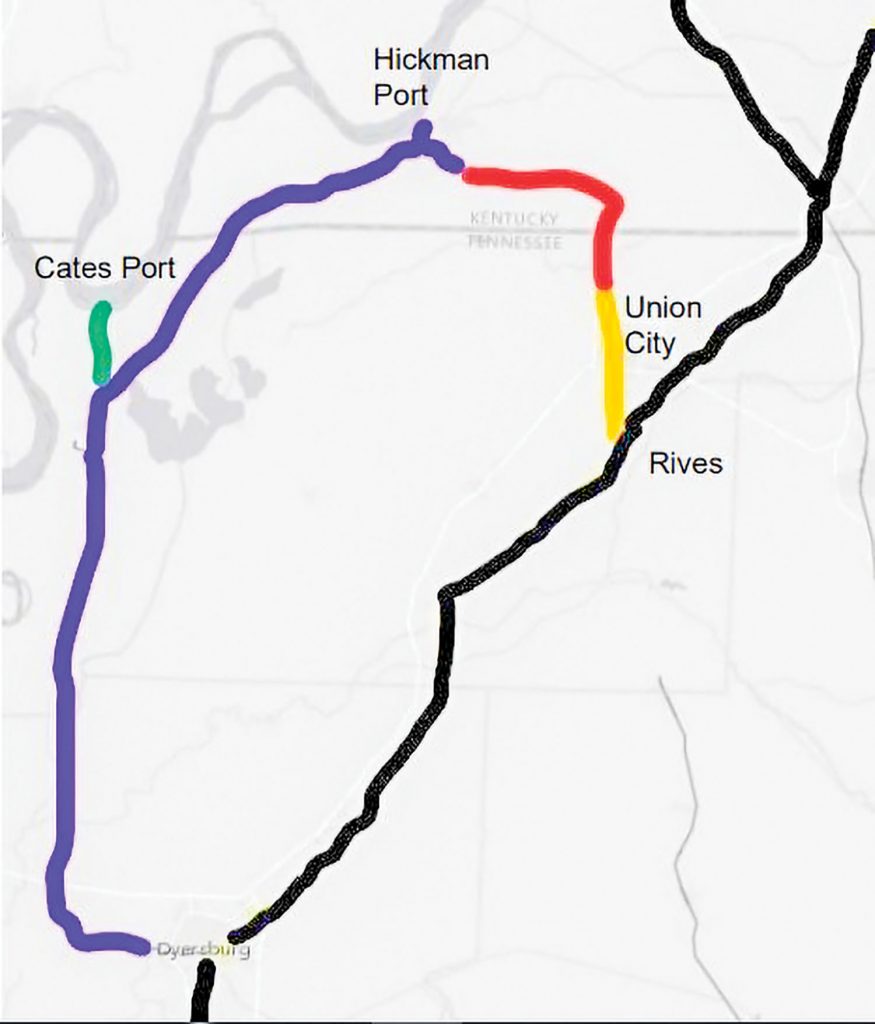 This map, included as part of the petition to the Surface Transportation Board, shows the proposed new rail route in red, connecting to a previously approved Northwest Tennessee Regional Port Authority rail line in green, the TennKen Rail Line in blue, the Union City Terminal Railroad line in yellow and the Canadian National rail line in black.