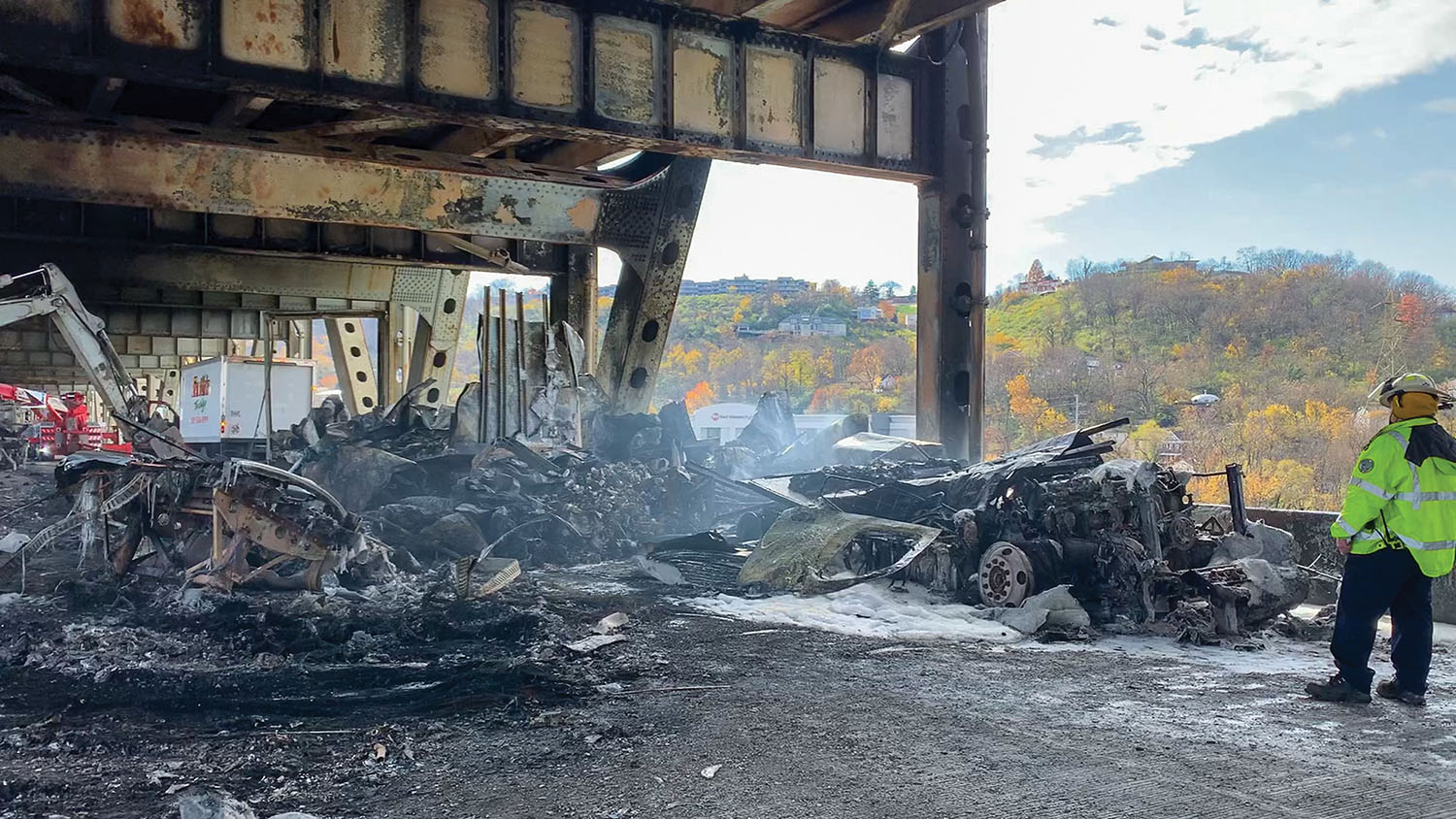 A crash between two commercial trucks on the Brent Spence Bridge in Covington, Ky., on November 11 briefly closed the Ohio River. The bridge, the major connection across the Ohio River in the Cincinnati region, is expected to remain closed until late December. (Photo courtesy of Kentucky Transportation Cabinet)