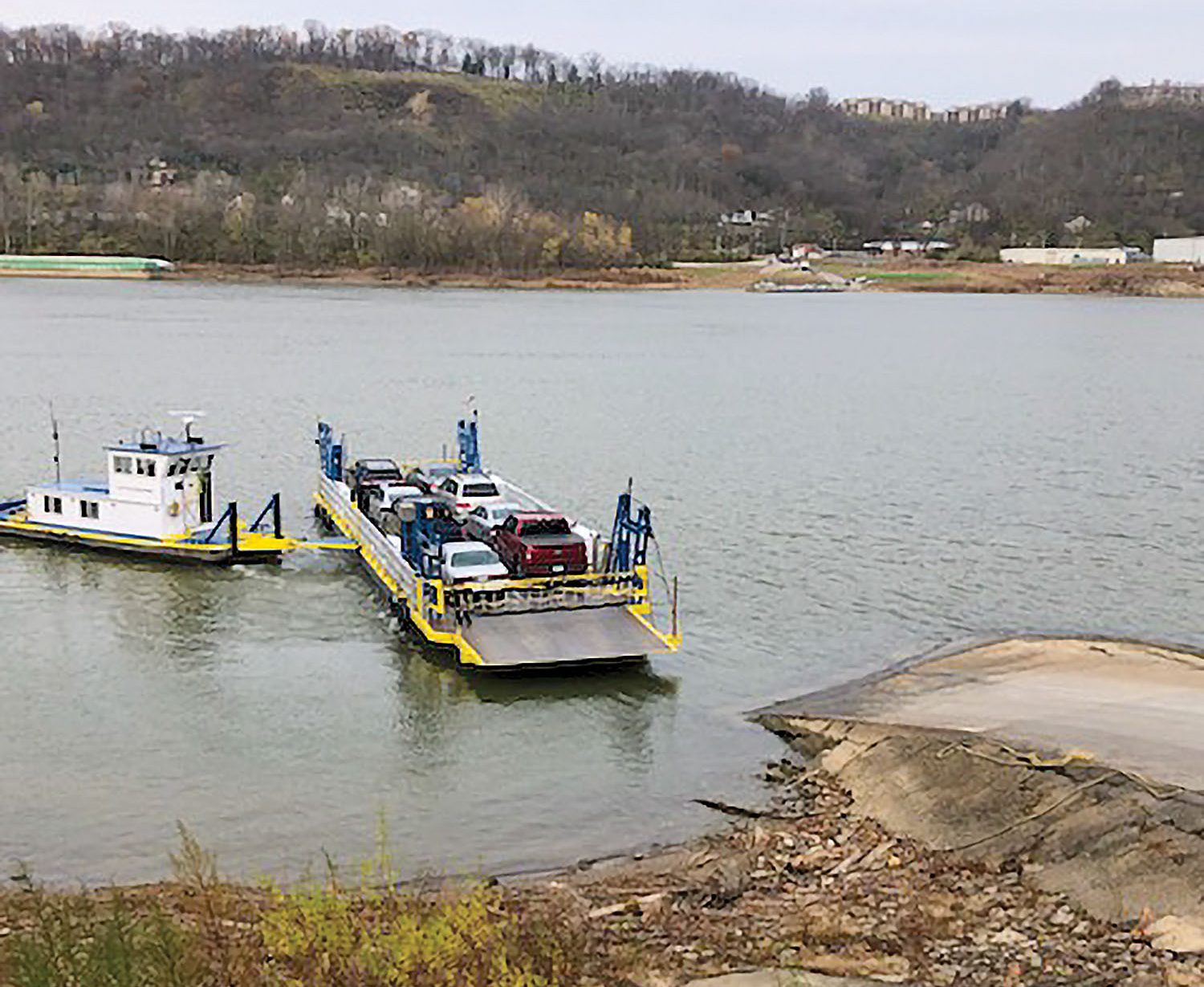 The Anderson Ferry, a more than 200-year-old ferry connecting Constance, Ky., to Cincinnati, Ohio, across the Ohio River, has more than doubled its business since November 11, when a fire shut down a major bridge over the river. (Photo by Paul Anderson)