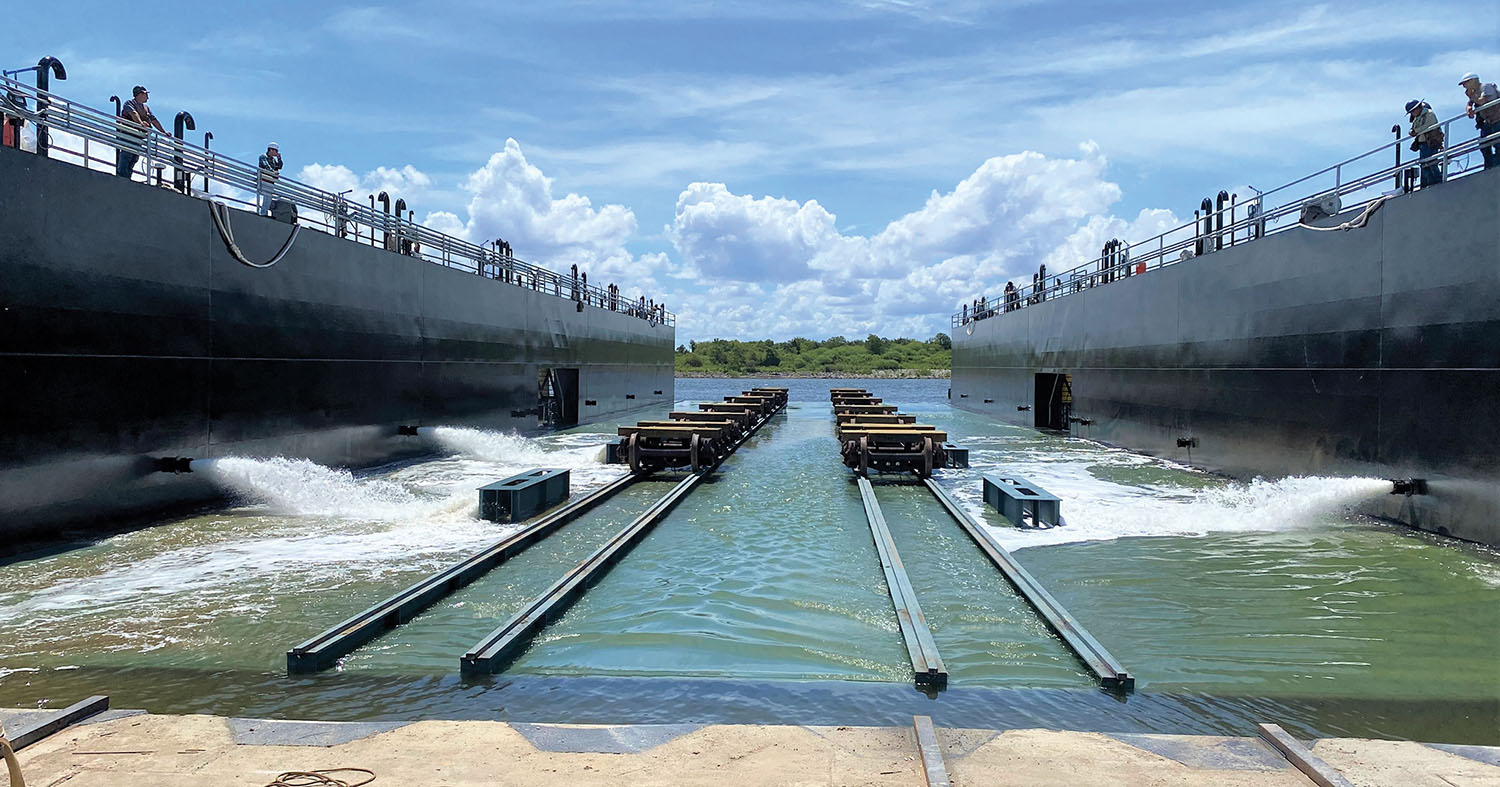 A view of Vessel Repair’s new drydock, highlighting the company’s rail transfer system.