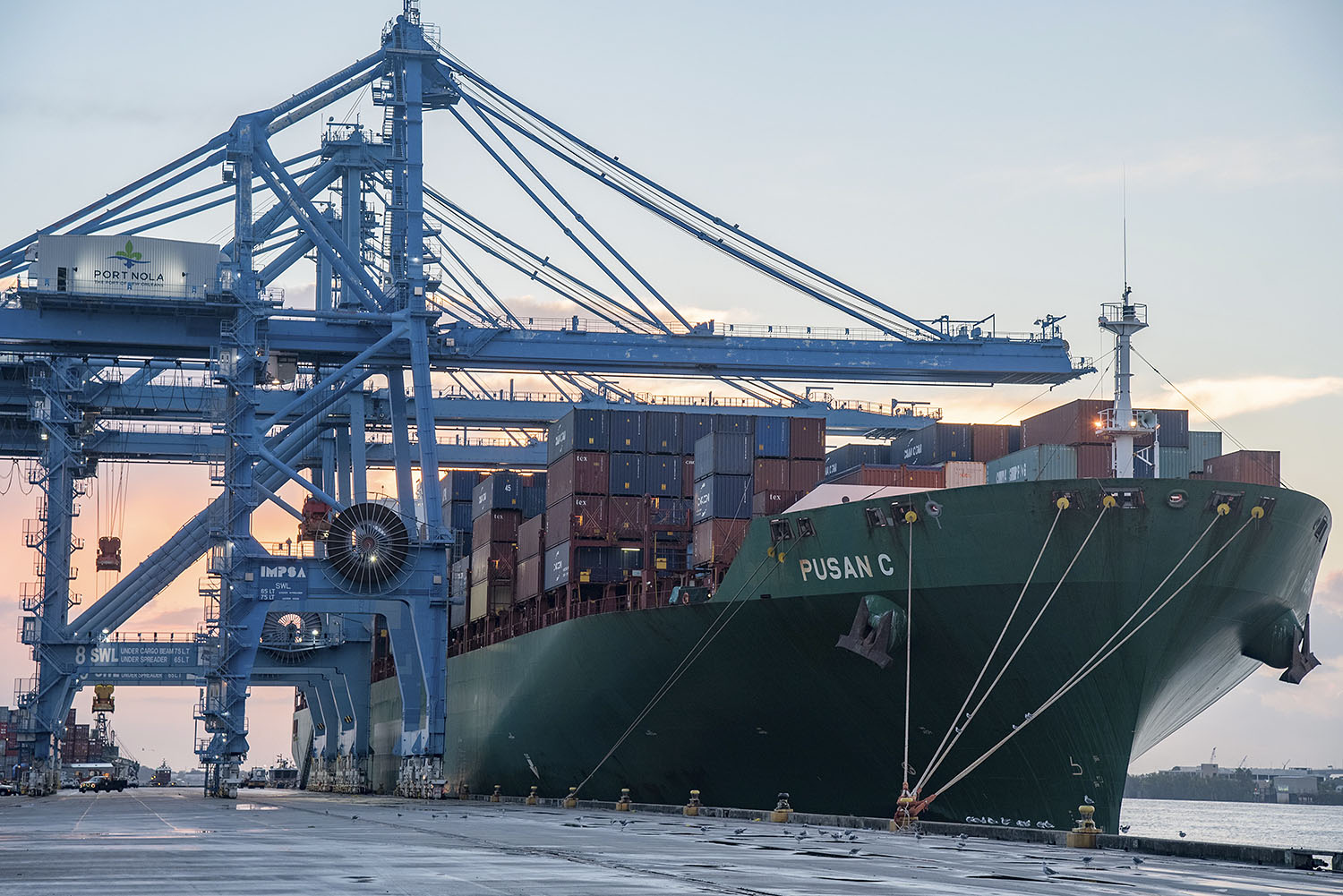 The CMA CGM Pusan C vessel, one of the largest vessels to-date that calls at Port NOLA’s current container facility at the Napoleon Avenue Container Terminal. (Photo courtesy of Port NOLA)