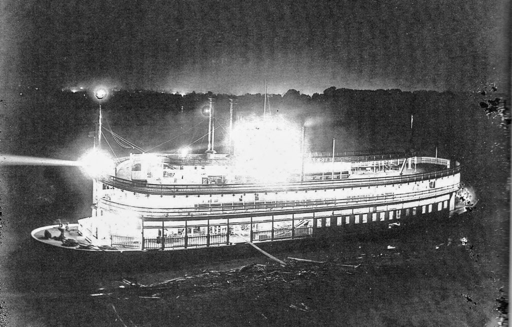 Aglow in lights, the steamer J.S. undergoes finishing st the Howard Shipyard in 1901. (Photo by Capt. Jim Howard; courtesy of the Howard Steamboat Museum)