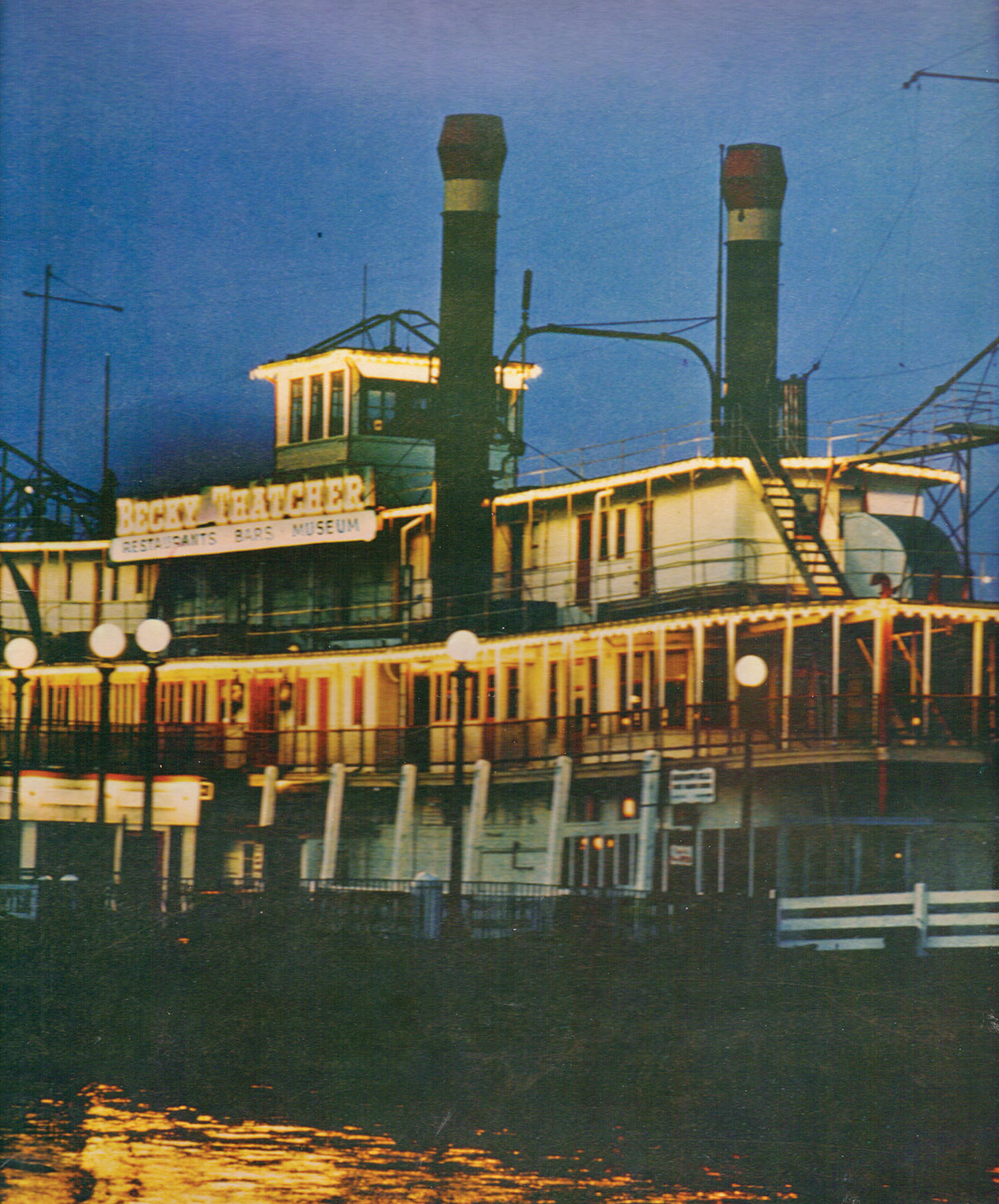 The smokestacks, upper decks and pilothouse of the Str. Becky Thatcher at the St. Louis levee in 1970. (Keith Norrington collection)