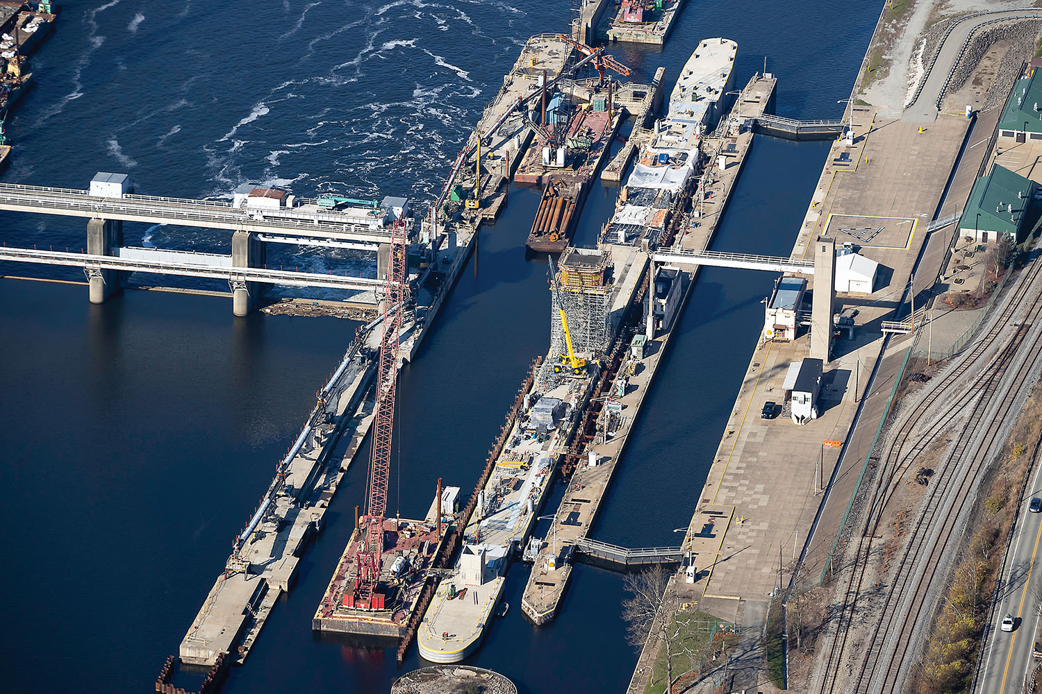 An aerial shot shows ongoing work at Monongahela River Locks and Dam 4 for the Lower Mon Project, which is expected to be complete in late 2023 or early 2024 after more than 25 years of construction involving three separate dams. (Photo courtesy of Pittsburgh Engineer District)