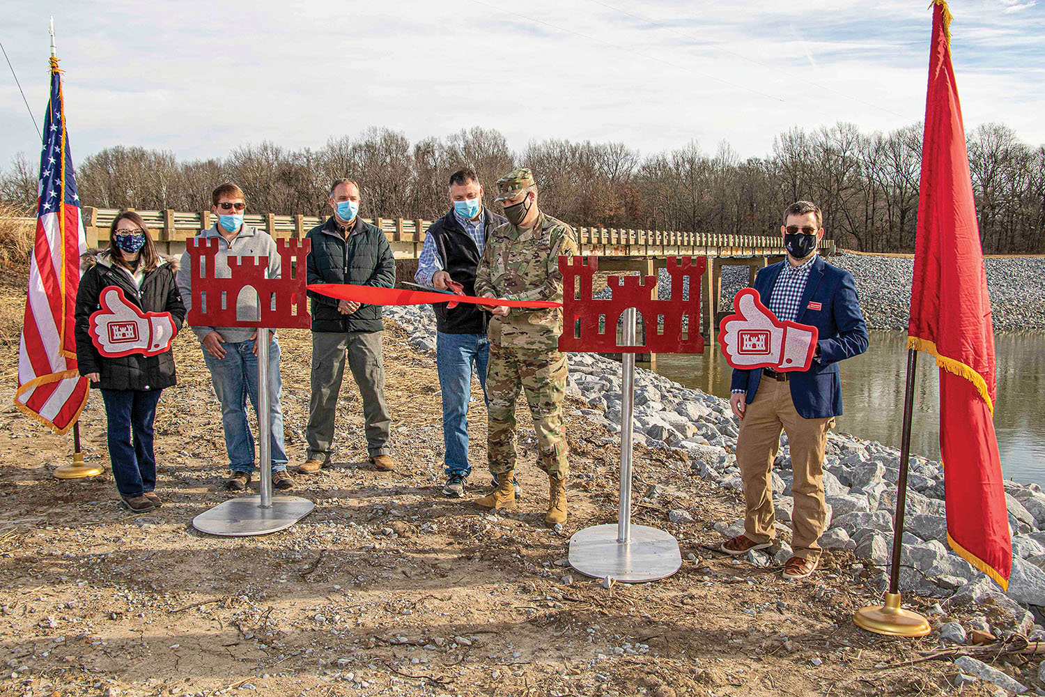 Memphis District Commander Col. Zachary Miller and other district leaders were briefed on the details of the St. Francis bridge project at the exact site where the construction took place. Afterward, the group held a ribbon-cutting ceremony, one of five the district celebrated on January 20. (Photo by Vance Harris/Memphis Engineer District)