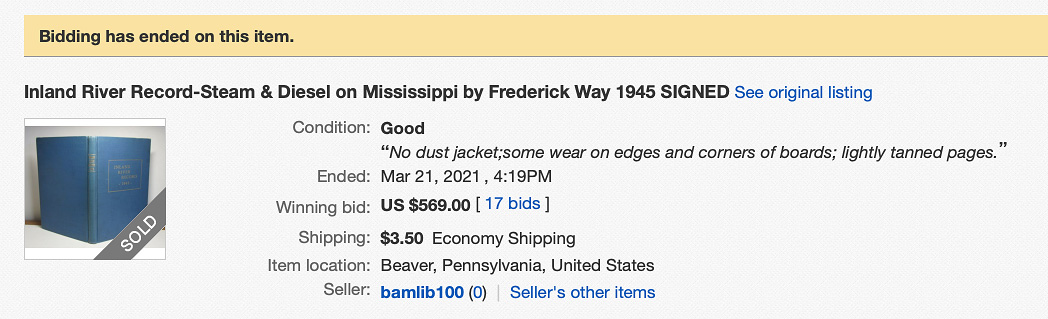 Screenshot of eBay sale page for signed 1945 Inland River Record.