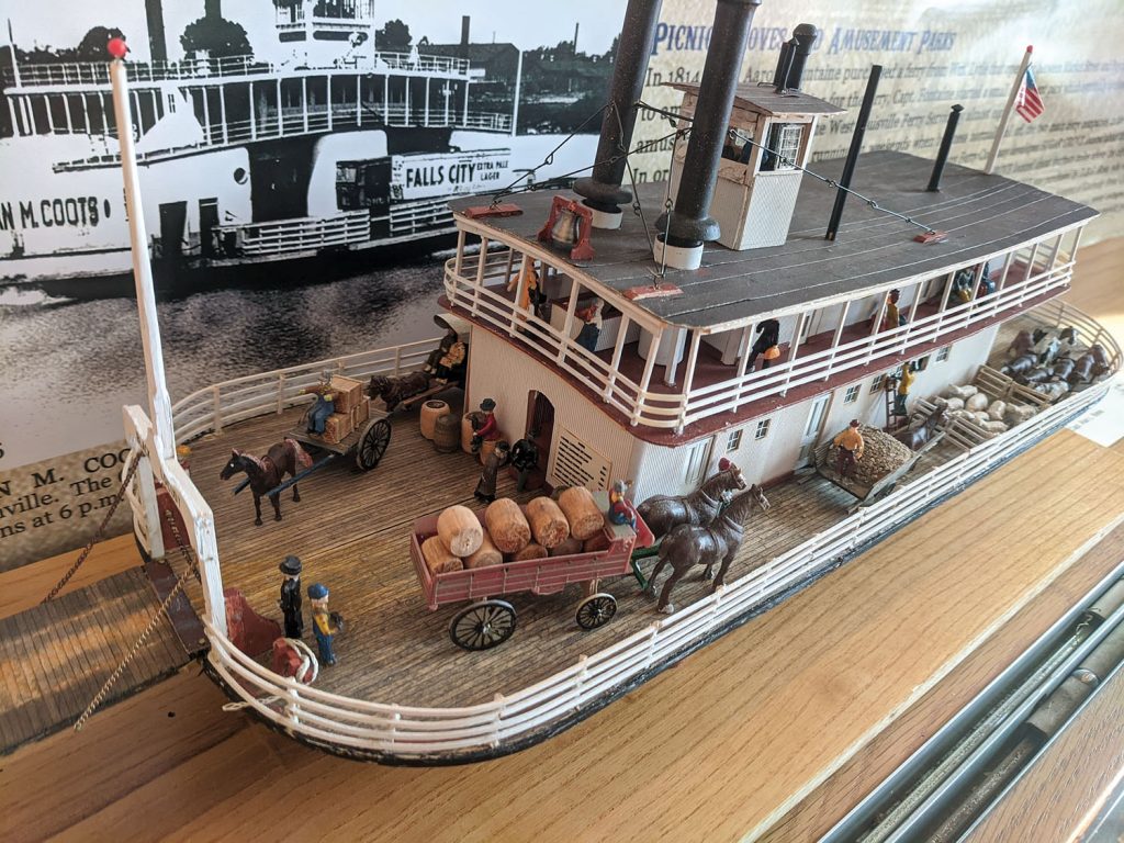 Model, built by Capt. Alan Bates, of the ferry boat Black Locust, the second vessel built by the Howard Shipyard in 1834. (Courtesy of the Howard Steamboat Museum)