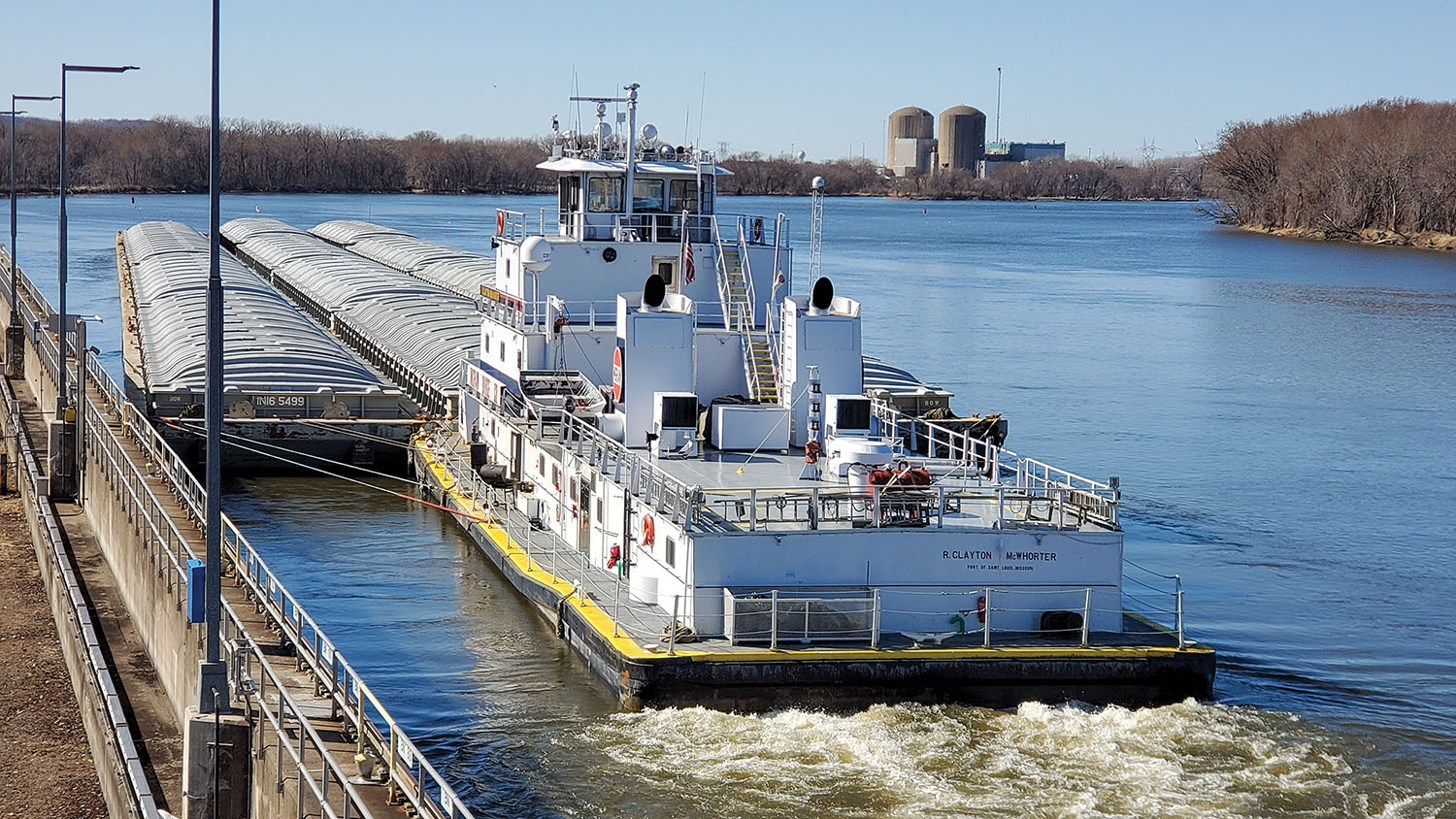 The R. Clayton McWhorter exits Lock 3 on the Upper Mississippi River March 19. (Photo courtesy of St. Paul Engineer District)