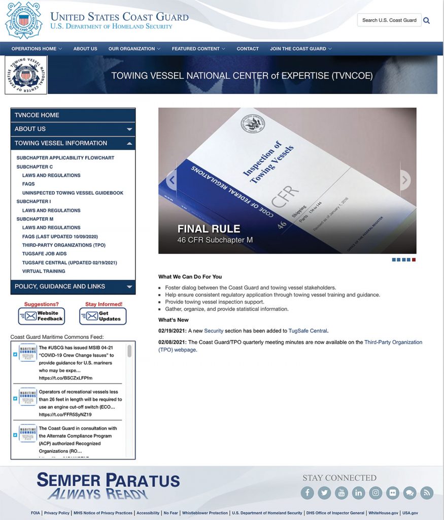 A screenshot shows the welcome page to the Towing Vessel Center National Center of Expertise’s recently streamlined website.