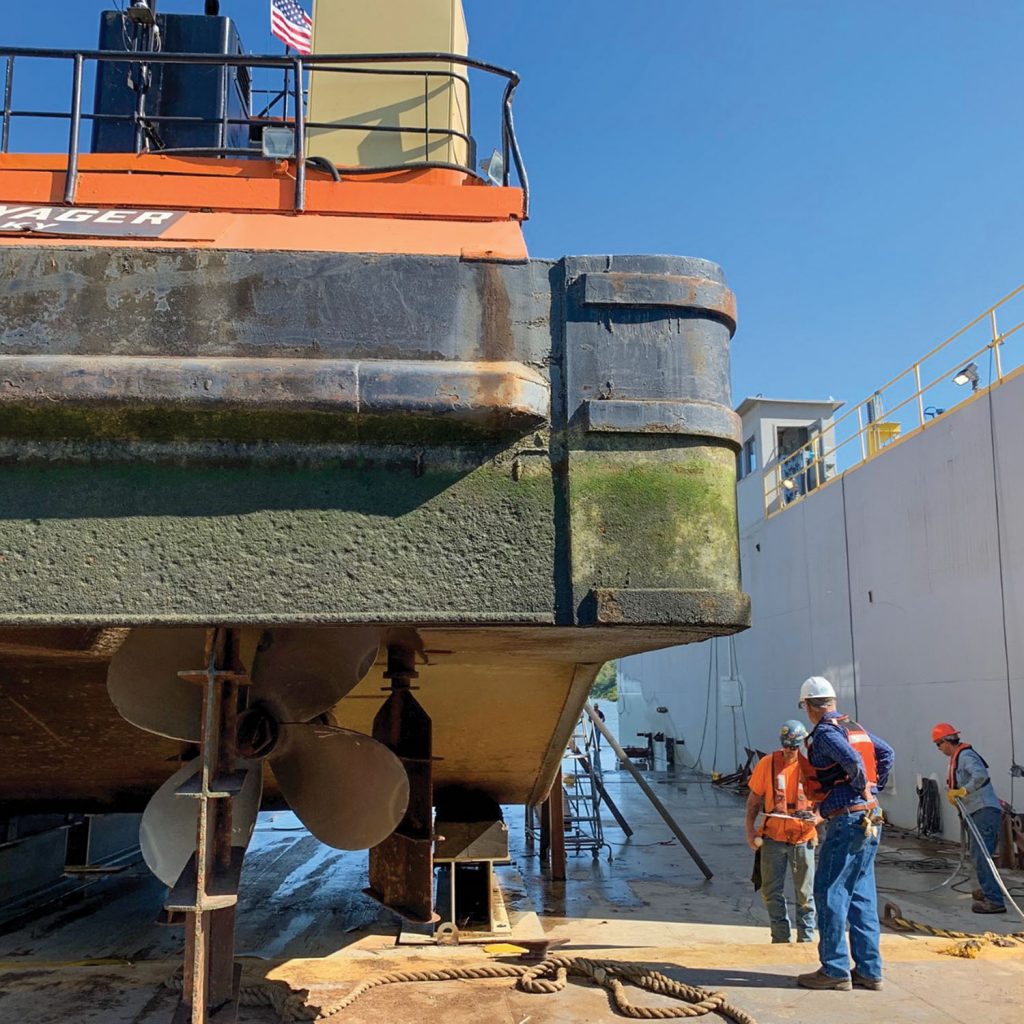 The mv. Maggie B. undergoes drydock repairs at Yager Marine. (Photo courtesy of Yager Marine)