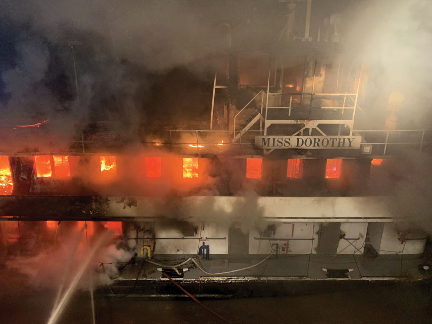 Mv. Miss Dorothy fully engulfed in flames March 17. (Photo courtesy of Baton Rouge Fire Department)