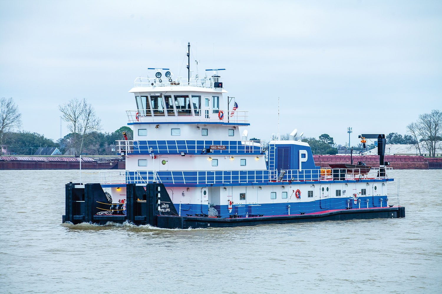 The 4,200 hp. mv. Jared Phillips is powered by twin Caterpillar 3516 diesels. It is the fifth towboat built at FMT Shipyard on the Harvey Canal. (Photo by Frank McCormack)