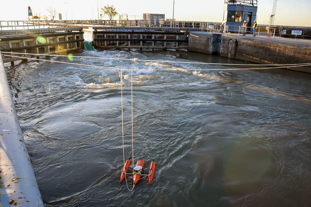 The Corps of Engineers, in conjunction with the U.S. Geological Survey, conducted a reverse backflow test on the Chicago Harbor Lock, measuring the uplift pressure that occurs within the lock chamber during a backflow event. (Photo courtesy of the Chicago Engineer District)