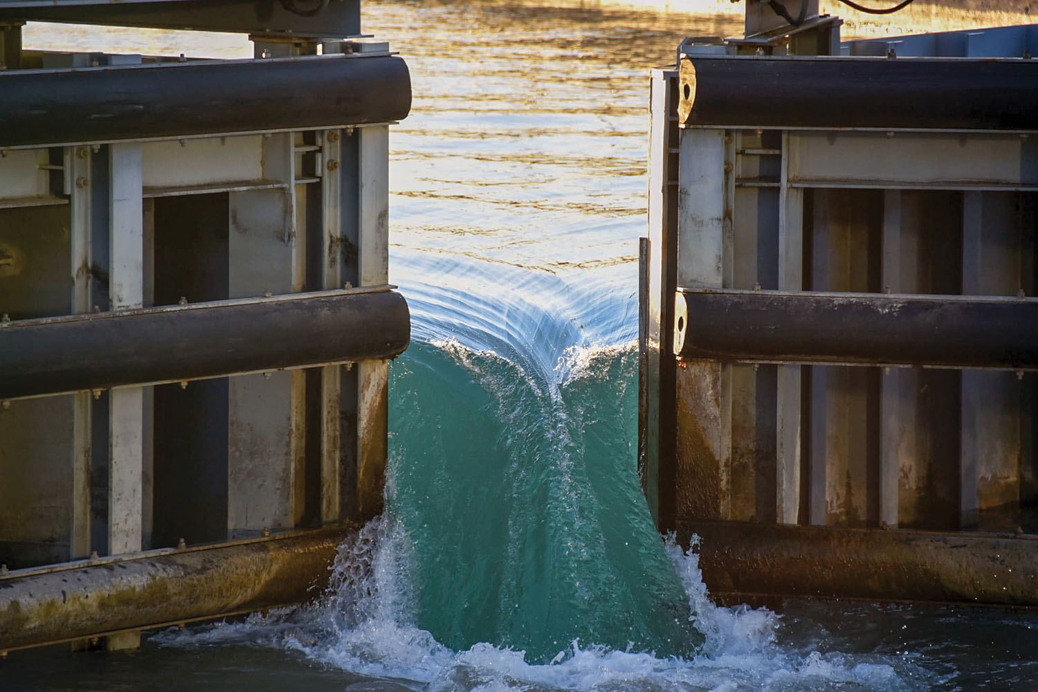 The Corps of Engineers, in conjunction with the U.S. Geological Survey, conducted a reverse backflow test on the Chicago Harbor Lock, measuring the uplift pressure that occurs within the lock chamber during a backflow event. (Photo courtesy of the Chicago Engineer District)