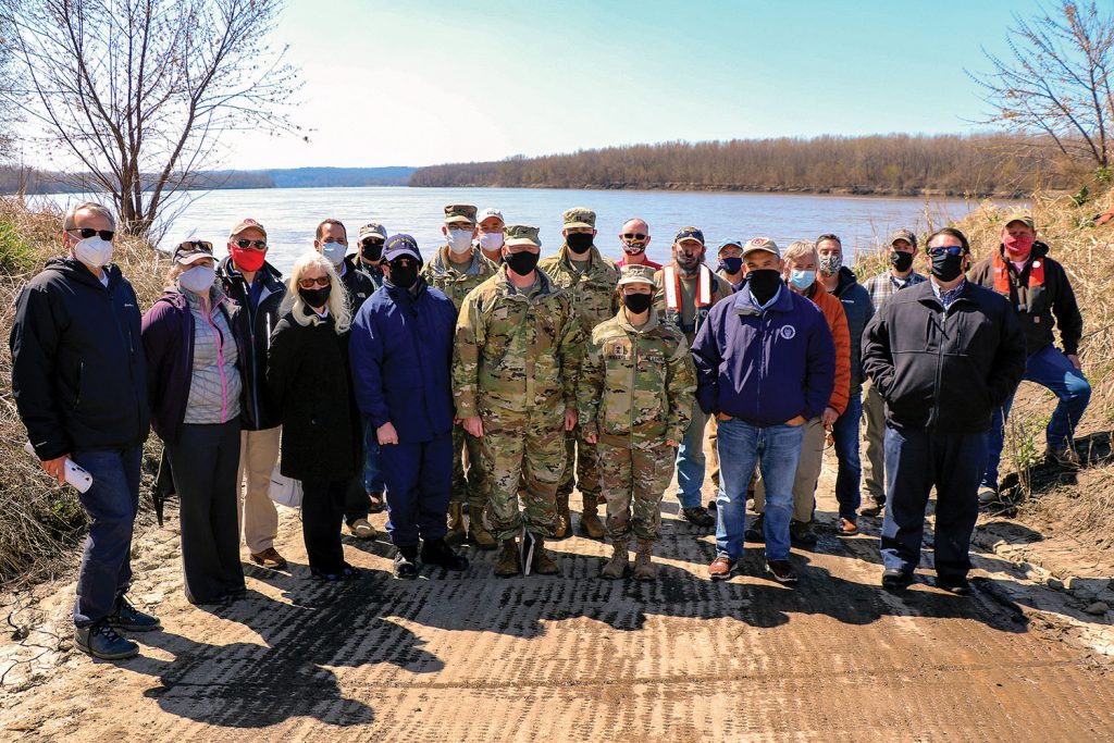 A group from the U.S. Army Corps of Engineers and Mississippi River Commission visit the Missouri River for a site inspection March 31.