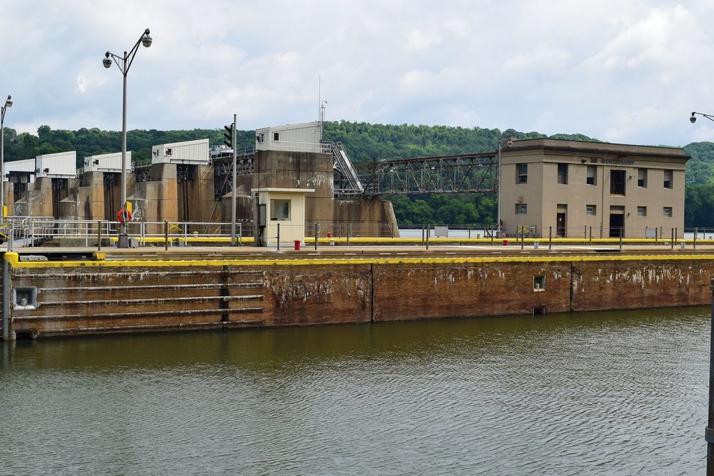 Construction on the Upper Ohio River Navigation Project will begin at Montgomery Locks and Dam, pictured here, first. (Photo courtesy of Pittsburgh Engineer District)