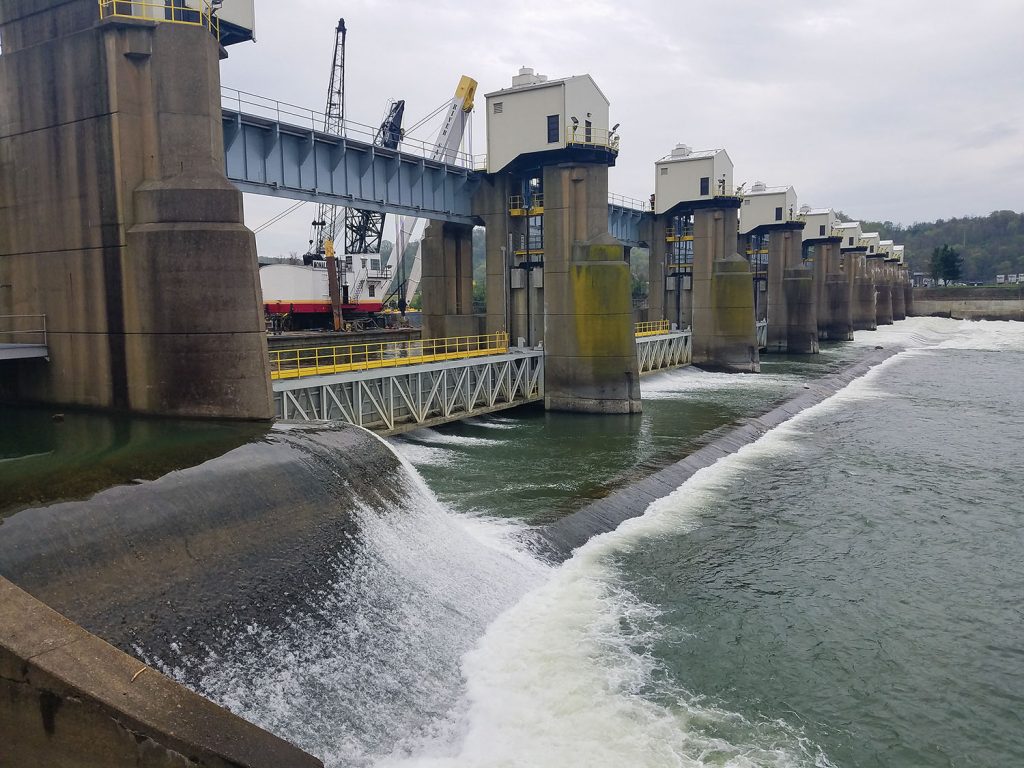 Montgomery Locks and Dam undergoes rehabilitation work to extend its functional life in 2018. (Photo courtesy of Pittsburgh Engineer District)