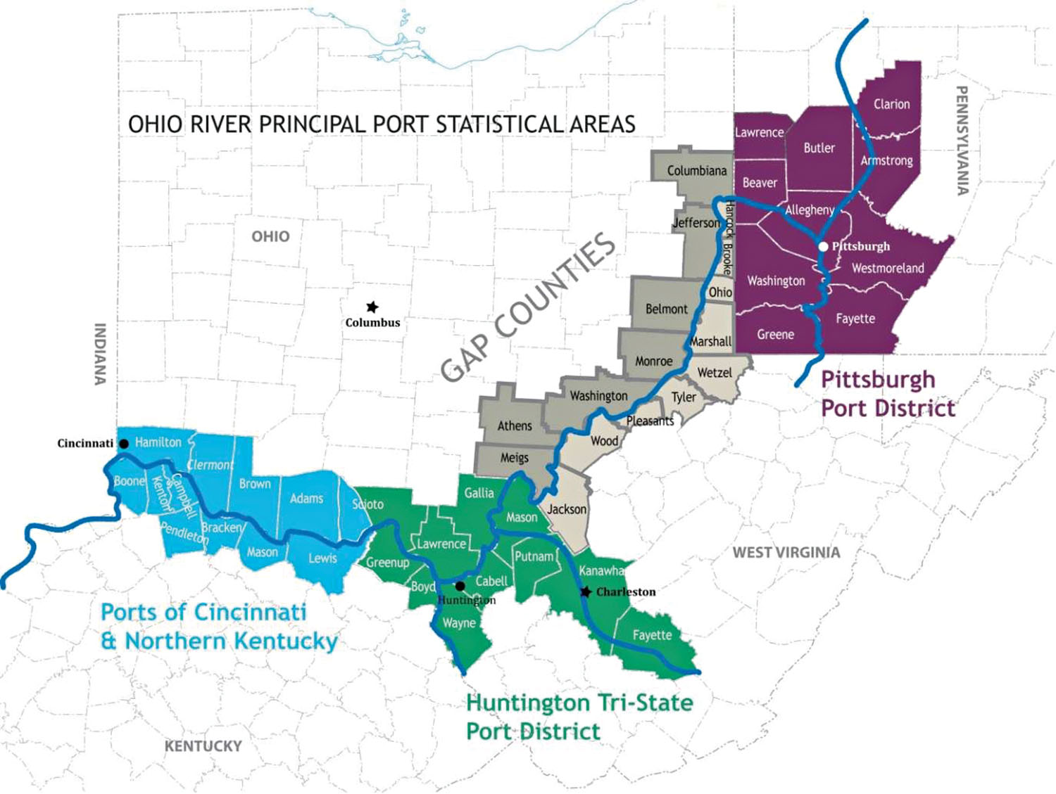 The Mid-Ohio Valley Port District is a proposed new statistical port comprising nearly 220 miles of the Ohio River between the Huntington Tri-State Port District and the Port of Pittsburgh. It recently received preliminary approval. (Graphic by W.R. Coles & Associates)