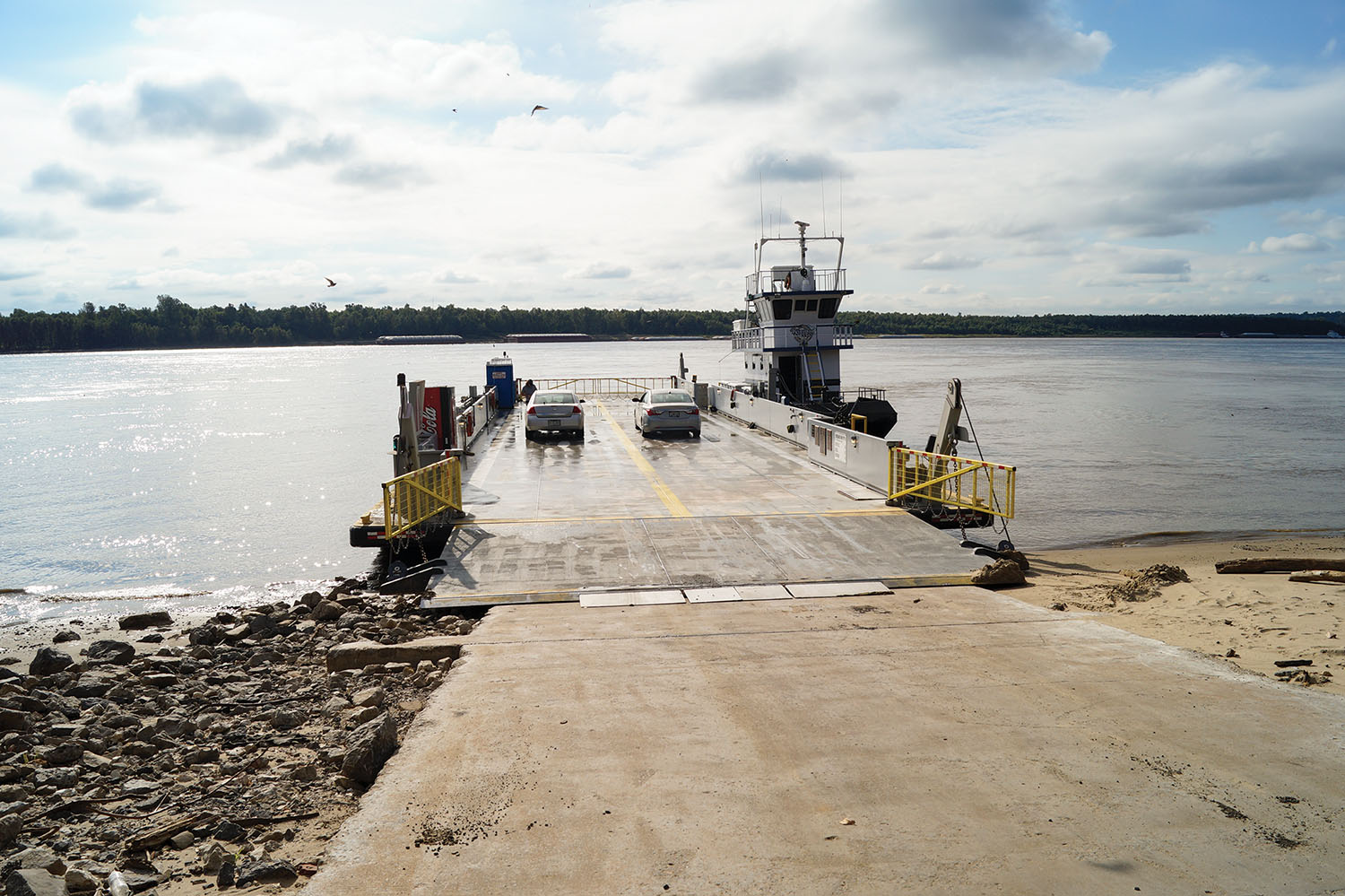 Sand accumulating on the Missouri landing of the Dorena-Hickman Ferry caused the ferry to close for three days earlier this month. The ferry’s operator said sand is becoming a periodic nuisance. (photo courtesy Kentucky Transportation Cabinet)